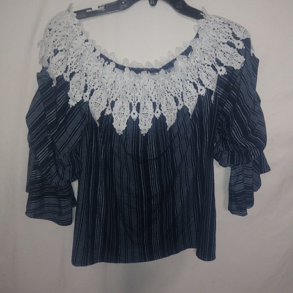 Haute Project L Navy White Crocheted Collar Top
